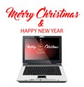 Laptop loading Christmas app. Christmas card