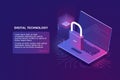 Laptop with lock, computer security isometric icon, data protection, safety in internet, protection personal information