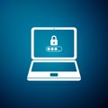 Laptop with lock and password form page on screen icon isolated on blue background. Laptop with password security shield Royalty Free Stock Photo