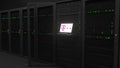 Laptop with the logo of DEUTSCHE TELEKOM on the screen in a server room. Conceptual editorial 3d animation