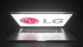 Open laptop with logo of LG on the screen. Editorial conceptual 3d rendering