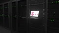Laptop with the logo of DEUTSCHE TELEKOM on the screen in a server room. Conceptual editorial 3d rendering