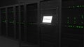 Laptop with the logo of JPMORGAN on the screen in a server room. Conceptual editorial 3d rendering