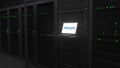 Laptop with the logo of PHILIPS on the screen in a server room. Conceptual editorial 3d rendering