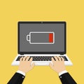 Laptop with low battery sign on screen. Hands on the laptop. Vector Illustration