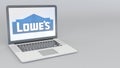 Laptop with Lowe`s logo. Computer technology conceptual editorial 3D rendering