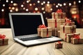 Laptop with many gift boxes stands on table, gift shopping concept