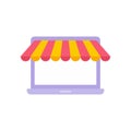 Laptop market stall with striped awning online ecommerce retail 3d icon vector illustration