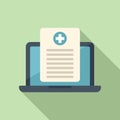 Laptop medical card icon flat vector. Patient profile