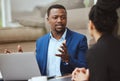 Laptop, meeting and financial advisor with a business black man and woman client talking portfolio growth. Computer Royalty Free Stock Photo