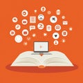 A laptop merging with an open book is visually represented in a conceptual image, set against a backdrop of colorful and Royalty Free Stock Photo