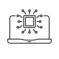 Laptop With Microchip Line Icon. Computer Technology And Digital Processing Outline Symbol. AI Integration And Data Royalty Free Stock Photo
