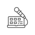 Laptop with microphone, sound recording, radio host, broadcasts line icon.