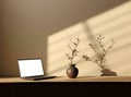 Laptop, Minimalist Workspace, Sunlight, Blooming Branches, Tranquil Atmosphere Royalty Free Stock Photo
