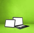 Laptop, mobile phone and digital tablet pc on green office desk Royalty Free Stock Photo