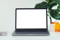 Laptop mock up, Laptop computer with blank screen and medicines on docter table Royalty Free Stock Photo
