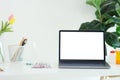 Laptop mock up, Laptop computer with blank screen and medicines on docter table Royalty Free Stock Photo