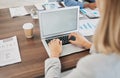 Laptop, mockup and business woman hands typing email, online media and digital website of brand management, network Royalty Free Stock Photo