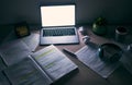 Laptop, mockup and desk for studying at night in student dormitory, dark room and technology. Background of computer