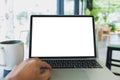 Laptop mockup and hot espresso in a white coffee mug