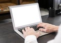 Laptop mockup. Man hands typing on keyboard. Online business education or work with computer concept Royalty Free Stock Photo