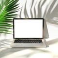 Laptop Mockup Palm Leaf Shadows on White Background Royalty Free Stock Photo