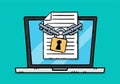 Cartoon style vector illustration of document file locked with chains and padlock, showing on laptop screen