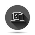 Laptop with money icon in flat style. Computer dollar vector illustration on black round background with long shadow effect. Royalty Free Stock Photo