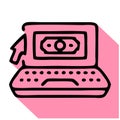 Laptop with money and mouse pointer flat line icon. Pay per click sign Royalty Free Stock Photo