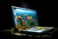 Laptop monitor with fish swimming.