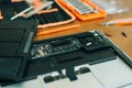 Laptop motherboard. repairing broken laptop notebook computer. Electronic repair shop, technology renovation Royalty Free Stock Photo