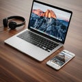 Laptop with a mountain landscape wallpaper is open on a polished Royalty Free Stock Photo