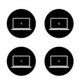 Laptop with mouse cursor icon set in black circle. Computer screen showing pointer and click action Royalty Free Stock Photo