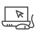 Laptop and mouse line icon. Notebook monitor with cursor and mouse. Computer science vector design concept, outline