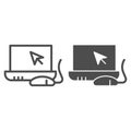 Laptop and mouse line and solid icon. Notebook monitor with cursor and mouse. Computer science vector design concept