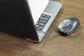 Laptop and mouse on office wooden desk