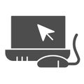 Laptop and mouse solid icon. Notebook monitor with cursor and mouse. Computer science vector design concept, glyph style