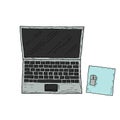 Laptop and mouse. Vector cartoon illustration. Hand-drawn style. Top view. Royalty Free Stock Photo