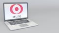 Laptop with MUFG logo. Computer technology conceptual editorial 3D rendering