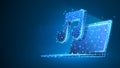 Laptop with Music note symbol on screen. Polygonal Internet sound, computer player concept. Abstract, digital, wireframe low poly