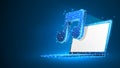 Laptop with Music note symbol on white screen. Polygonal Internet sound, computer player concept. Abstract, digital, wireframe low
