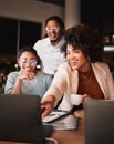 Laptop, night and business people in discussion in the office for a creative website project. Happy, technology and Royalty Free Stock Photo