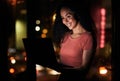 Laptop, office and business woman at night in dark online for typing email, website and browse internet. Creative agency Royalty Free Stock Photo