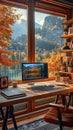 Laptop in office, lake view, light indigo and light amber style, vibrant colors of nature, rich and immersive, sun-drenched colors