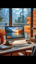 Laptop in office, lake view, light indigo and light amber style, vibrant colors of nature, rich and immersive, sun-drenched colors
