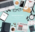 Laptop and office supplies desk Vector realistic. Glasses, newspaper, gadgets and CDs 3d detailed illustrations Royalty Free Stock Photo