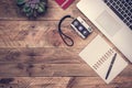 Laptop, old vintage camera and open note book on a rustic wooden table top view with copy space. Shoot and travel planning or Royalty Free Stock Photo