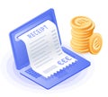 The laptop, online bill payment, stack of euro coins. Royalty Free Stock Photo