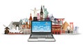 Laptop online flight booking with world landmark