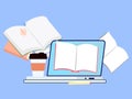 Laptop with open ebook and coffee on a blue background, rag graphic